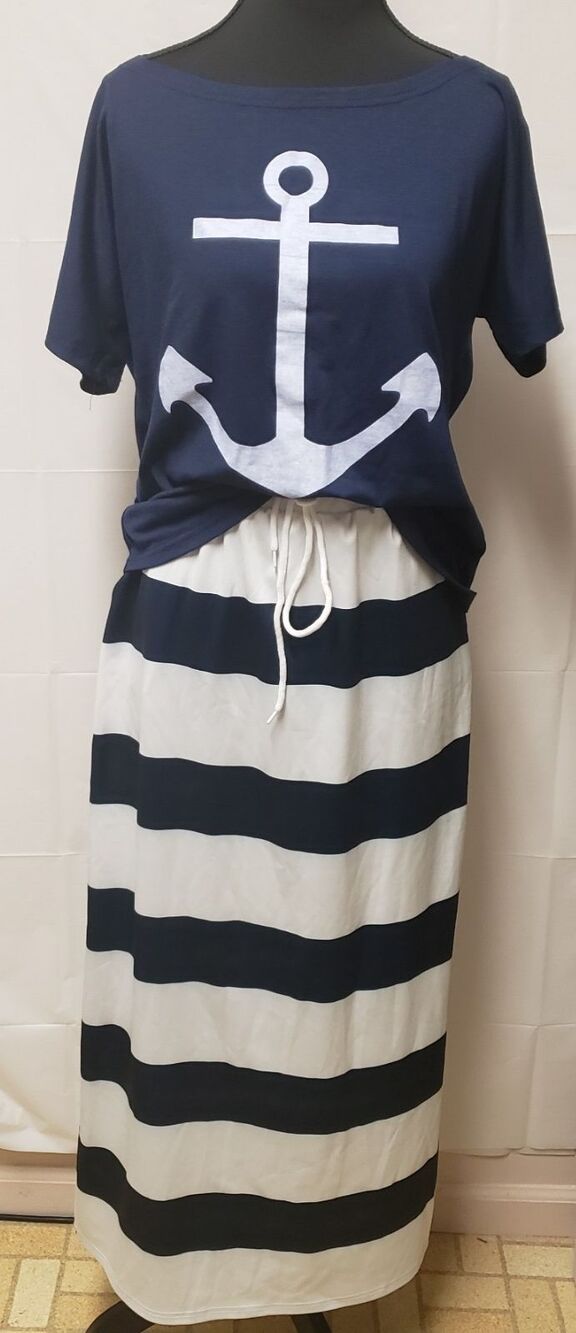 CBR Navy Blue & White Striped Midi Skirt Set Drawstring Coastal Style Sz S NWOT